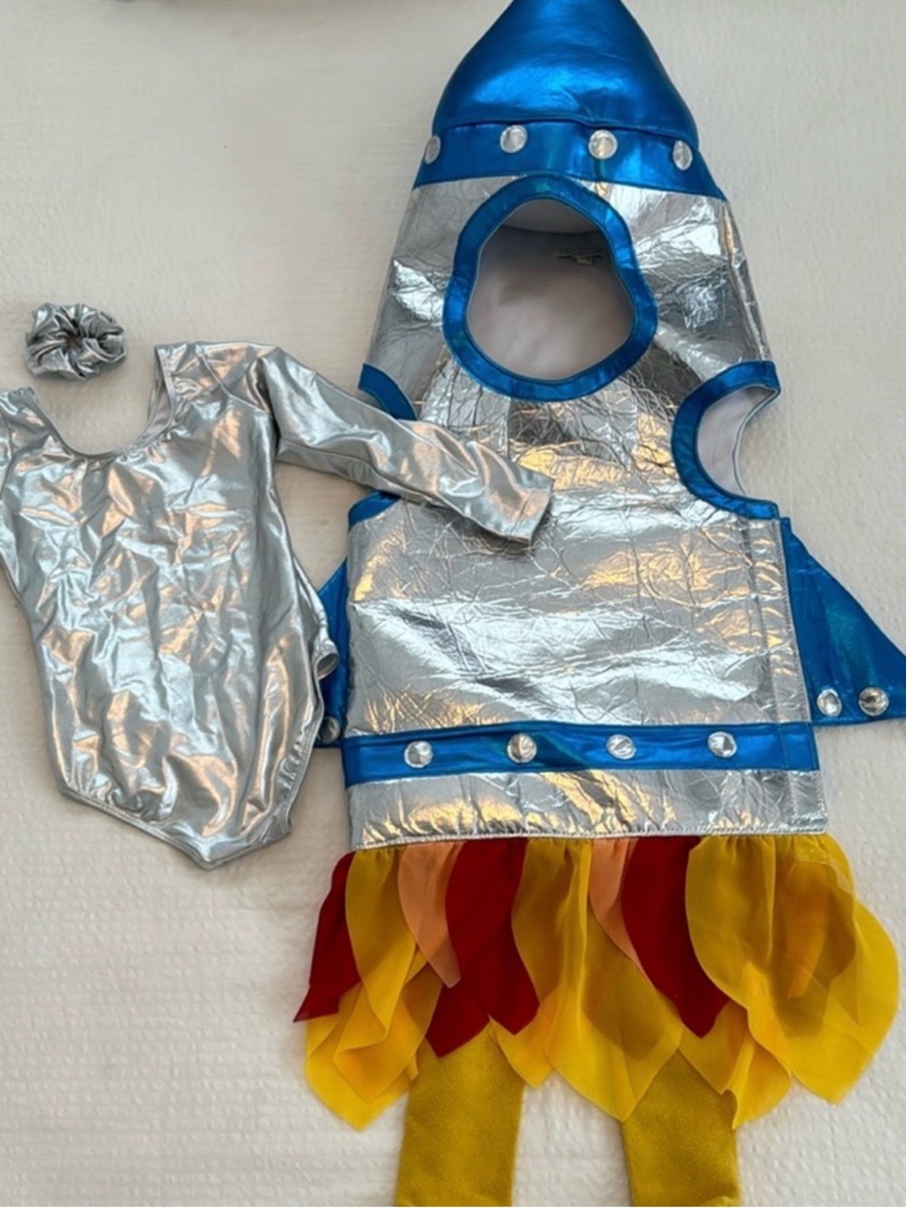 Pottery Barn Kids Silver and Blue Space Rocket Costume with Yellow & Red Flames
